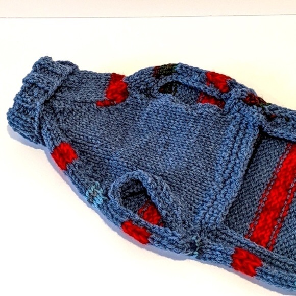 HANDMADE hand knit blue striped dog sweater medium - Picture 4 of 5